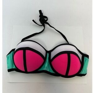 Colorblock Neoprene Style Halter Bikini Top NeonPink Mint Green White Small NWOT